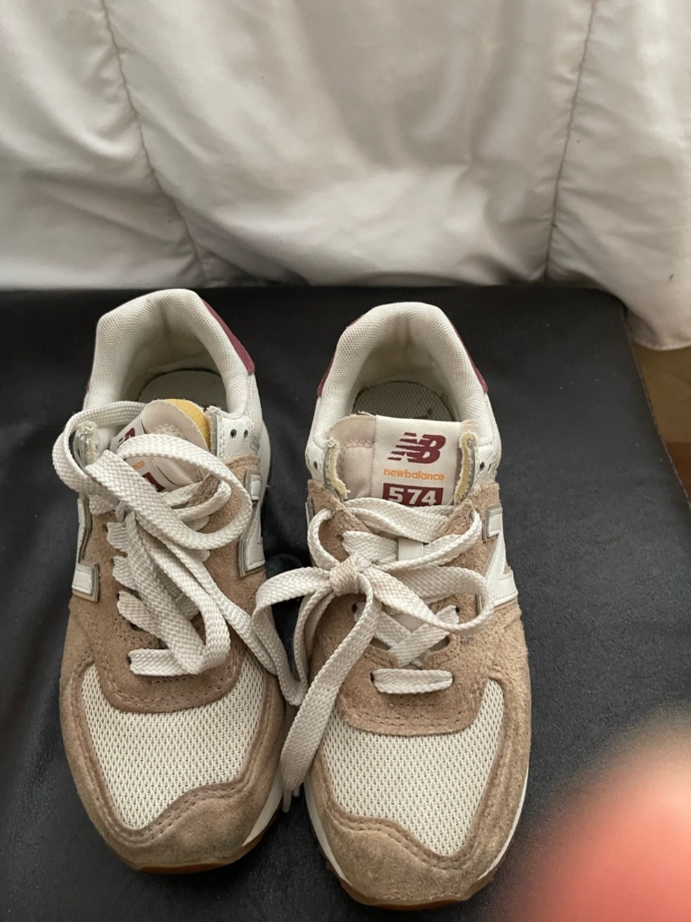 New Balance Beige & White 574 Women's Sneakers with Maroon Accents
